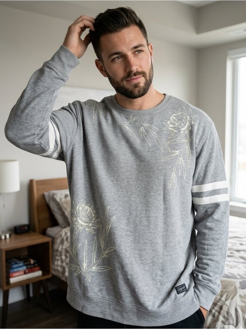 Jack and jones XL Gray Floral-Print Crewneck Sweater